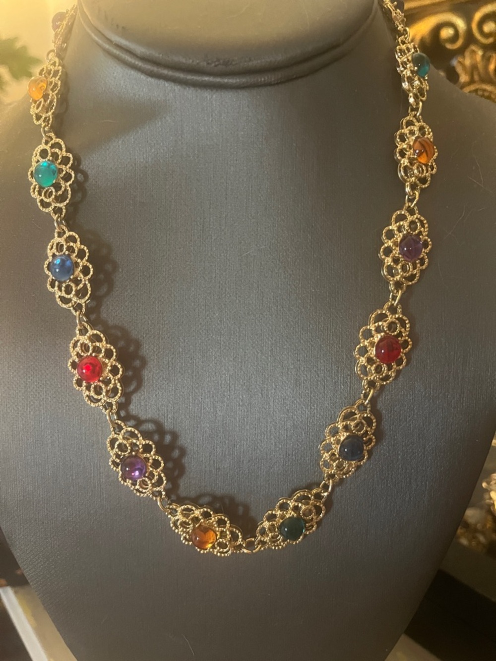 Vintage Gold Tone Multi-Gem Link Necklace